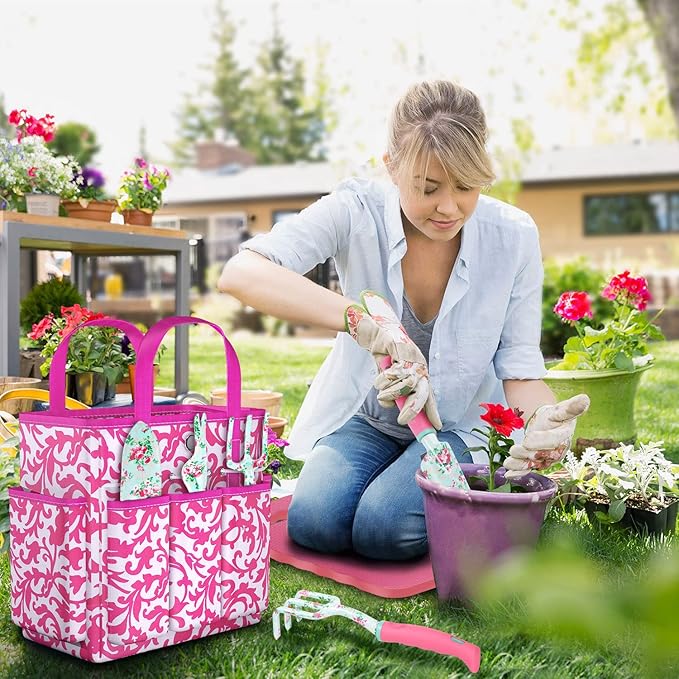 Gardening Tools, 8 Pcs Heavy Duty Floral Garden Tool Set Birthday Gifts for Women WANCHI Rose Red Gardening Kit (Garden Tool Bag Kneeling Pad Weeder Fork Hand Rake Pruning Shears Trowel Transplanter)-PawvioPets