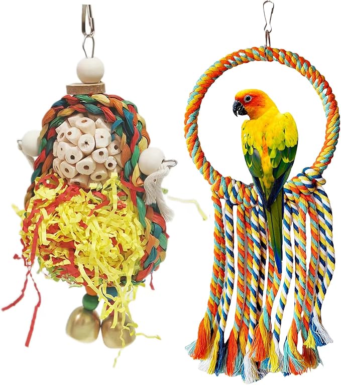 Bird Hoop Swing and Parakeet Toys,Natural Sola Balls and Shredding Hanging Toy,Birds Rope Swing,Suitable Small and Medium-Sized Parrots Toys,Birds Toy for Cockatiels,Conures,Lovebird-PawvioPets