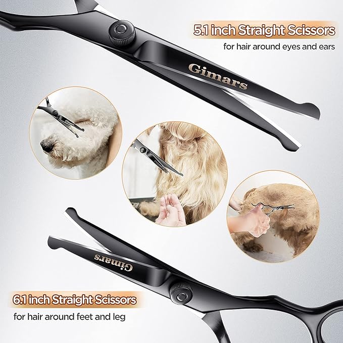 Gimars 7inch Professional 4CR Stainless Steel 6 in 1 Grooming Scissors for Dogs with Safety Round Tip, Heavy Duty Titanium Coated Pet Grooming Scissor for Dogs, Cats and Other Animals-PawvioPets