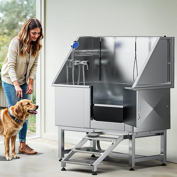 DWVO Professional Pet Dog Bathing Station for Grooming, 50'' Dog Grooming Bathtub with Right Staris, Floor Grate, Faucet, Showerhead & Soap Holder for Large, Medium & Small Pets-PawvioPets