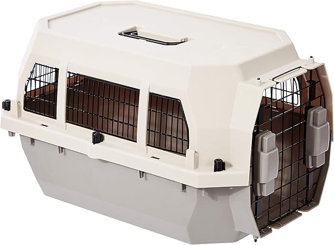 Amazon Basics Hard-Sided Dog and Cat Kennel Single-Door Travel Pet Carrier with Metal Wire Ventilation, 23.6"L x 15.7"W x 13.0"H, Beige-PawvioPets