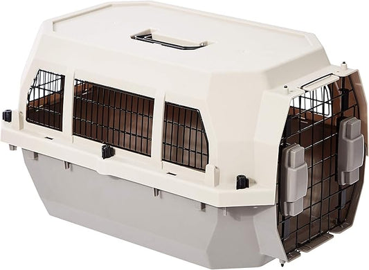Amazon Basics Hard-Sided Dog and Cat Kennel Single-Door Travel Pet Carrier with Metal Wire Ventilation, 23.6"L x 15.7"W x 13.0"H, Beige-PawvioPets