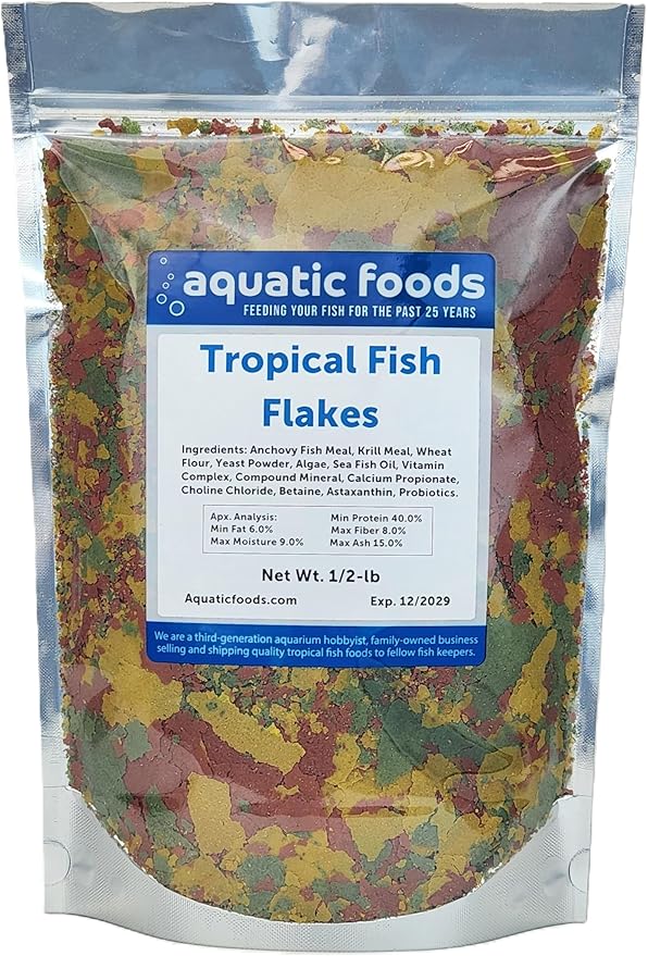 Aquatic Foods Inc. Premium Community Tropical Fish Flakes. All-Around Flakes for Tetras, Livebearers, Anglefish, Cichlids, Goldfish, Guppies 2-Type Pellet Mix & 4-Type Wafers Included...1/2-lb Bag-PawvioPets