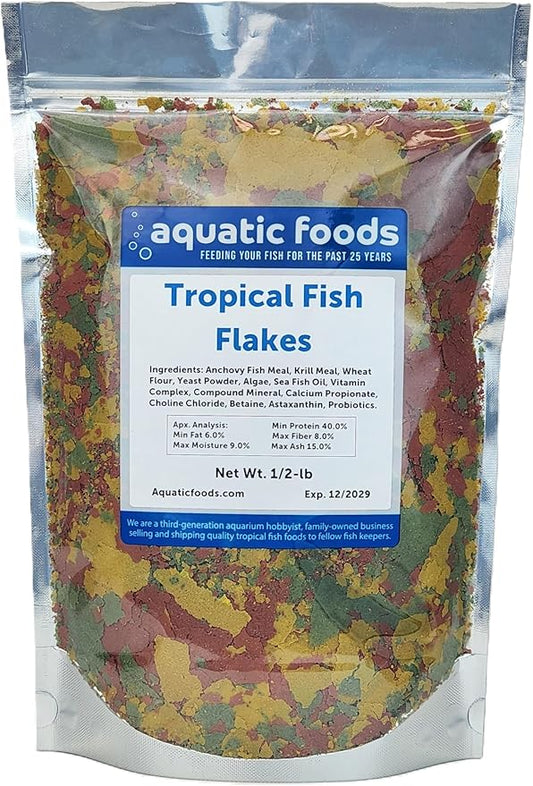 Aquatic Foods Inc. Premium Community Tropical Fish Flakes. All-Around Flakes for Tetras, Livebearers, Anglefish, Cichlids, Goldfish, Guppies 2-Type Pellet Mix & 4-Type Wafers Included...1/2-lb Bag-PawvioPets