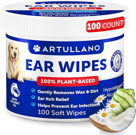 Dog Ear Wipes - 100 ct - Removes Wax and Dirt - Soothing Ear Cleaner Wipes for Dogs, Puppies - 100% Plant Based, Unscented with Coconut Oil - Ear Infection Treatment to Relief Itching & Inflammation-PawvioPets