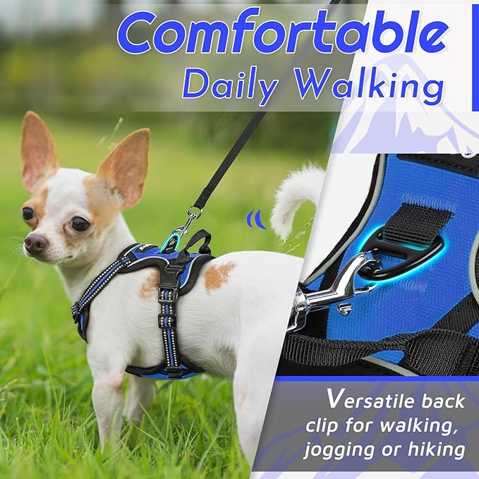 Eagloo Small Dog Harness No Pull, Service Vest with Reflective Strips and Control Handle, Adjustable and Comfortable for Easy Walking, No Choke Pet Harness with 2 Metal Rings, Blue, XS-PawvioPets