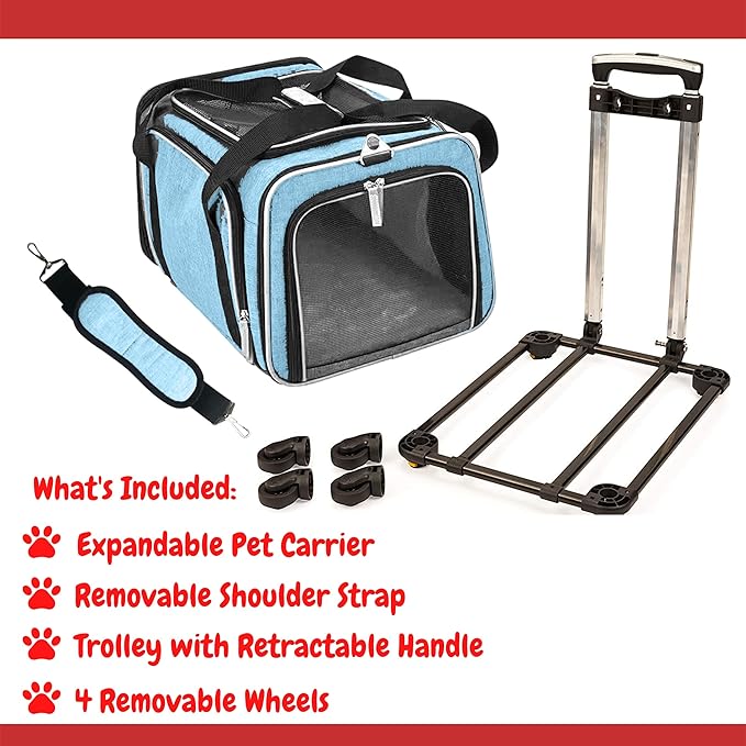 Airline Approved Expandable Premium Pet Carrier on Wheels- Two Sided Expandable Rolling Carrier- Designed for Dogs & Cats- Extra Spacious Soft Lined Carrier! - Light Blue-PawvioPets
