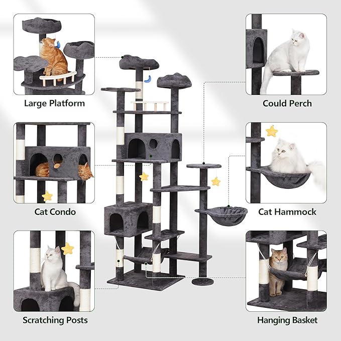 85in Giant Cat Tree for Heavy Duty Big Cats, Large Cat Trees with Scratching Post, Cat Tree Tower with Cat Condos, Hammock & Plush Perch for Maine Coon, Smoky Gray-PawvioPets