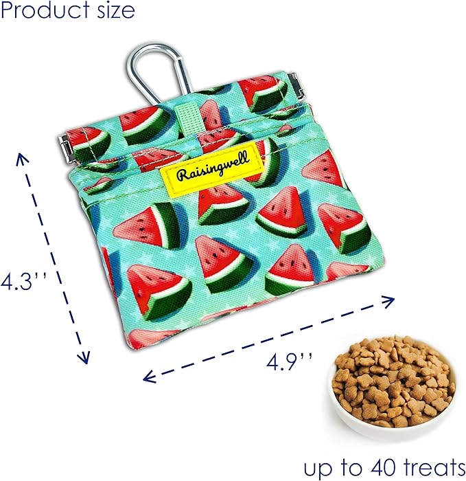 Dog Treat Pouch,Cotton Pocket Sized Training Holder, Hand Free Walking Funny Bag with Carabiner, Self-Closing Pet Feed Snack Reward, Behavior Aids for Puppy Travel or Outdoor Use（Watermelon）-PawvioPets