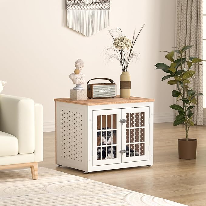 26" Heavy Duty Dog Crate Furniture for Small Dogs, Metal Kennel for High Anxiety Dogs, Chew Proof Pet Cage Indoor, Decorative Dog Kennel End Table,White-PawvioPets