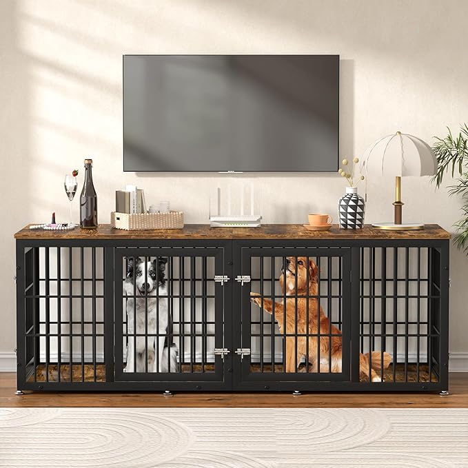 78 Inch Double Dog Crate Furniture, Heavy Duty Extra Large Cage Furniture with Divider for 2 Dogs, Decorative Wooden Kennel Furniture Indoor, Metal Pet House for Large and Medium Dogs-PawvioPets