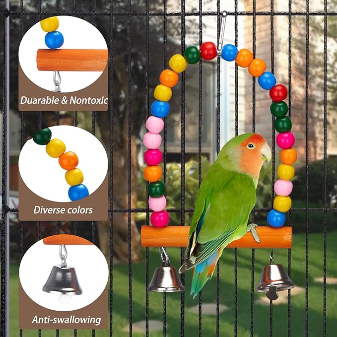 11Pcs Bird Parakeet Toys Wooden Bird Platform Stands Swing Hanging Chewing Toy Parrot Climbing Ladder Colorful Bird Cage Toys for Parakeet, Conure, Cockatiel, Love Birds, Finches-PawvioPets