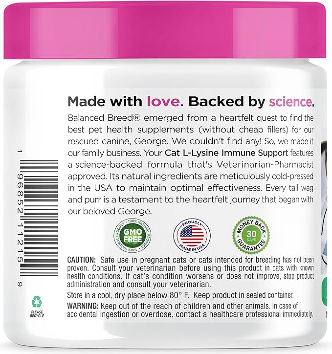 Balanced Breed L-Lysine Cats Immune Support Soft Chews Made in USA Vet-Pharmacist Approved Seasonal Allergy Relief Cat Vitamins Indoor Cats Supplements Krill Oil Asthma Relief Cat Lysine Treats NonGMO-PawvioPets