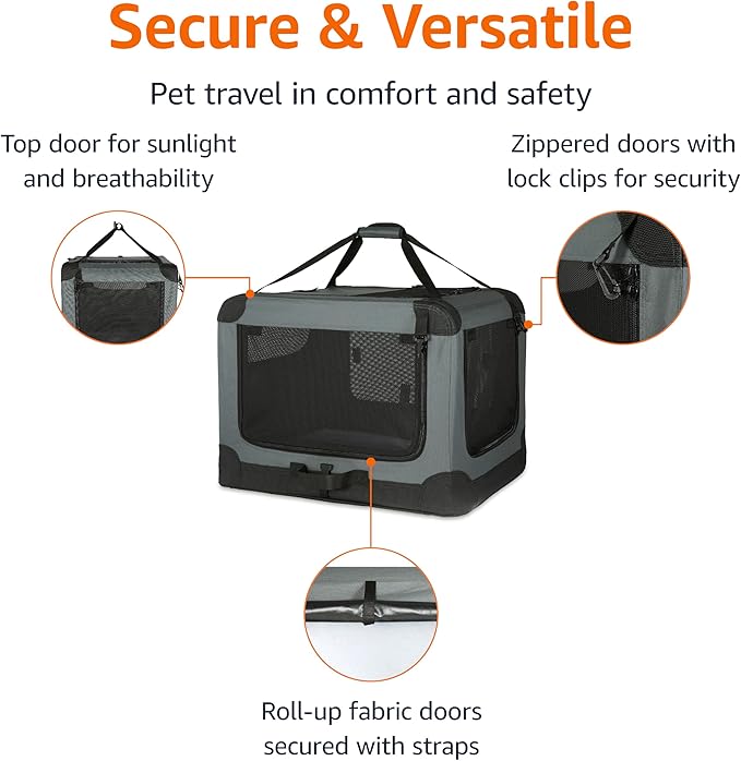 Amazon Basics 4-Doors Portable Soft-Sided Folding Travel Crate Kennel for cat, Dog, and Other Small Animals, Grey, L 36" x 24" x 24"-PawvioPets