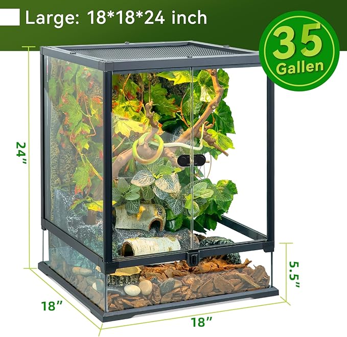 24x18x18'' 35 Gallon Glass Reptile Tank Front Opening Terrarium Suitable for Leopard Geckos, Snakes, Tree Frogs, Chameleons,Watertight Base, Ventilated Metal Mesh Top, Pre-Drilled Cable Holes-PawvioPets