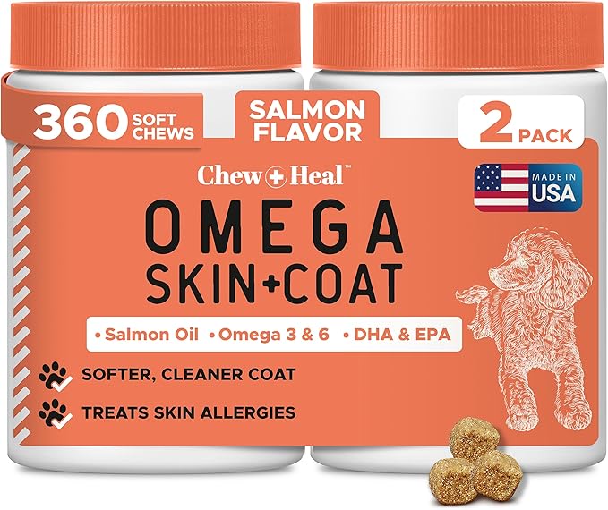 Fish Oil Omega 3 Supplements for Dogs -360 Soft Chew Treats for Skin and Coat -Salmon Oil Blend of Fatty Acids, Omega 3, 6, Vitamins, Antioxidants -Made in USA (2 Packs of 180, Salmon Flavor)-PawvioPets