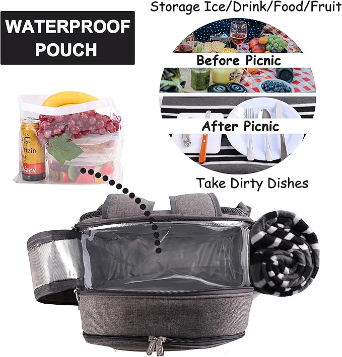 Apollo Walker Picnic Backpack Set for 2 Person with Cooler Compartment, Detachable Bottle/Wine Holder, Fleece Blanket, Plates and Cutlery Set-PawvioPets