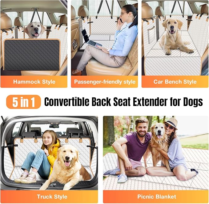 Dog Car Seat Cover for Back Seat, Dog Car Bed Cover with Strong Hard Bottom, Car Back Seat Extender Hammock for Car SUV Truck 4 Panels Beige Color-PawvioPets