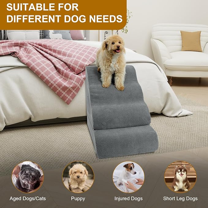 Dog Stairs for Small Dogs 19.7" H, 4-Step Dog Steps for High Bed, High-Density Foam Curved Pet Stairs with Non-Slip Removable Washable Cover to Get on Bed-PawvioPets