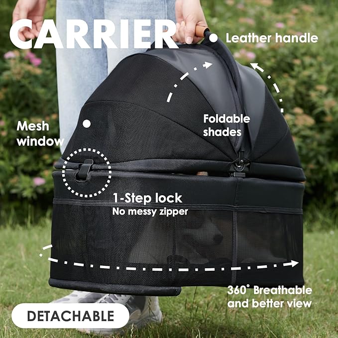 3 in 1 Pet Stroller with Removable Carrier, Folding Stroller for Small/Medium Dogs and Cats, Waterproof, All-Terrain, with Sun Shades, Car Seat-PawvioPets