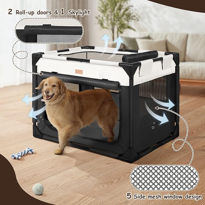 Dog Crate - Soft Pet Kennel for Dogs/Cats, 3-Door Breathable Travel Cage with Mesh Window, Portable Dog Kennel for Indoor & Outdoor, Black-XL-PawvioPets
