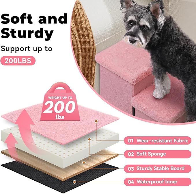 Dog Stairs with Furry Lids 18" H, 3-Step Wider Dog Steps with Storage for Small/Medium/Large Dogs Cats, Folding Sturdy Pet Stairs Climbing Bed or Sofa, Ramp for Car Hold Up to 200 lbs, Pink-PawvioPets