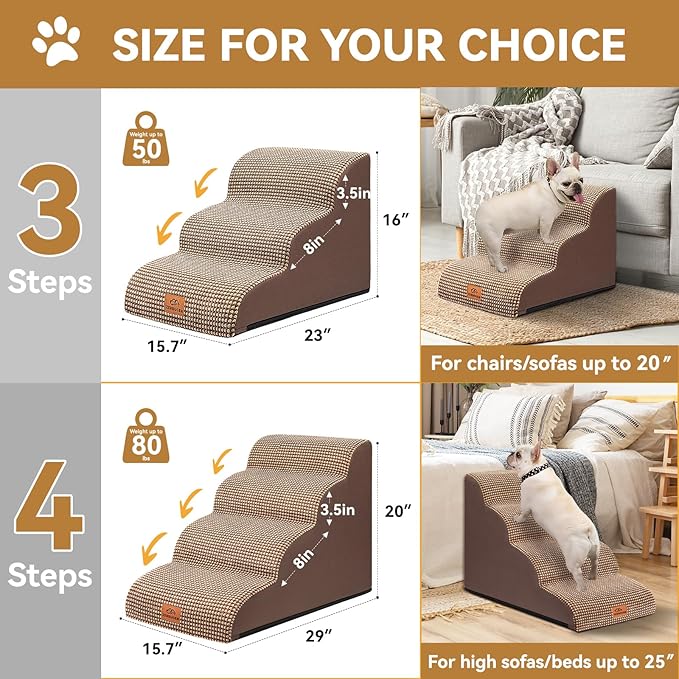 Dog Ramp and Stair for Bed 16" H-20 H,3-Step Cat Stair for Sofa and Chair,4-Step Dog Ramp for High Bed and Window,Durable Nonslip Fabric Cover for Indoor (Coffee-20 H, Pet Friendly, 4)-PawvioPets