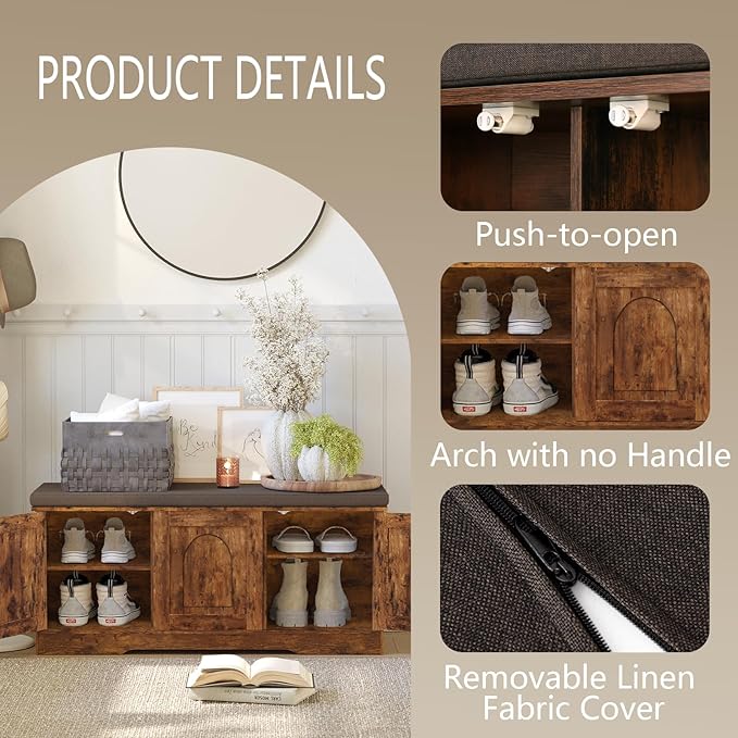 DINZI LVJ Shoe Bench, Entryway Storage Bench with Doors, Cushion, 2-Tier Shoe Rack with 6-Cubby, 39.4”L x 13.8”W Shoe Organizer Cabinet, Adjustable Shelf, Living Room, Bedroom, Rustic Brown-PawvioPets