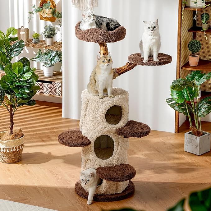54.7'' Modern Cat Tree for Indoor Cats Large Adult, Wood Cat Tree with 3 Spacious Condos, Luxury Cat Tower with Cozy Perch, Scratching Post, Sturdy Kitty House Furniture for Small Medium Large Cats-PawvioPets