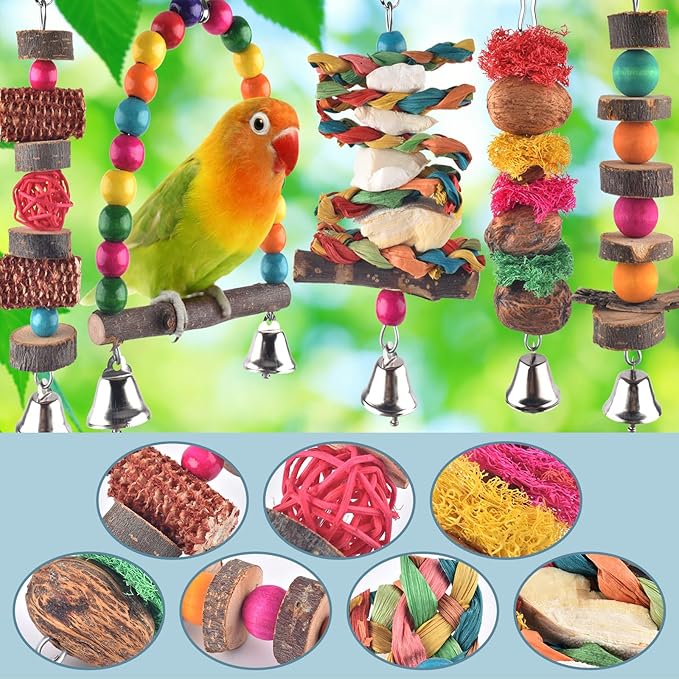 Bissap Bird Chew Toys, 7 Packs Parakeet Natural Wood Toys Parrot Hanging Cage Toy Bird Perch Stand for Small Bird Conure Cockatiel Parrotlet Lovebird Budgie-PawvioPets