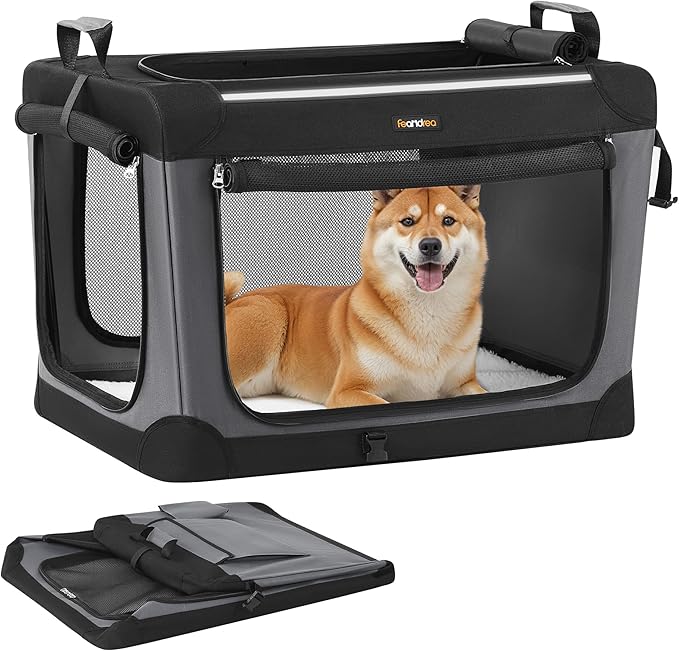 Feandrea Collapsible Dog Crate, 30-Inch Portable Dog Travel Crate for Medium Dogs, Oxford Fabric Pet Carrier with 4 Mesh Doors, Handles, Storage Pocket, Water Bottle Holder, Ink Black UPDC017B01-PawvioPets