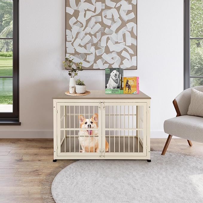 32 Inch Heavy Duty Dog Crate Furniture for Medium and Small Dogs, Decorative Pet House End Table, Wooden Cage Kennel Furniture Indoor with Double Doors, Sturdy Dog Cage for Anxiety Dog-PawvioPets