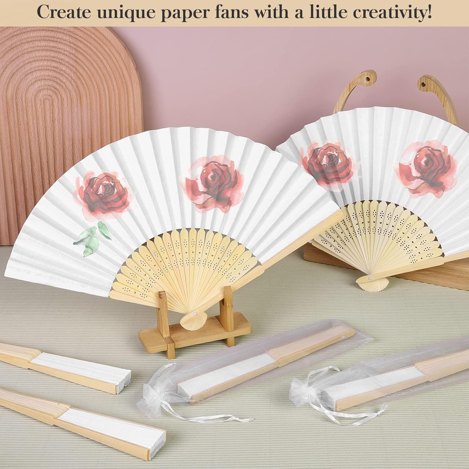 MCEAST 120 Pieces Wedding Handheld Paper Fans White Bamboo Folding Paper Fan with 120 Organza Bags Foldable Cool Wedding Favors Wedding Fans for Guests Party Favors DIY Decoration