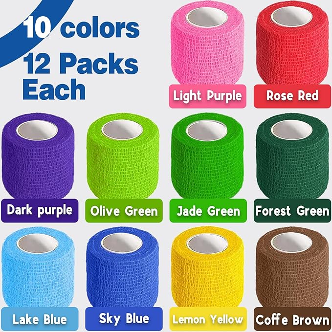 AZEN 120 Pack Self Adhesive Bandage Wrap, 2" X 5 Yards Elastic Cohesive Bandage Wrap, Color Athletic Tape, Vet Wrap, Ankle Tape-PawvioPets
