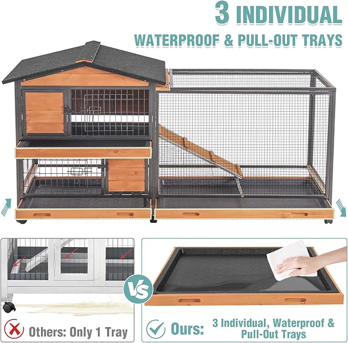 2-Story Rabbit Cage with Chew-Proof Metal Frame for Indoor/Outdoor - 62" Bunny Hutch Guinea Pig Cages with 6 Locking Wheels & 2 Removable Trays for Rabbits/Guinea Pigs-PawvioPets