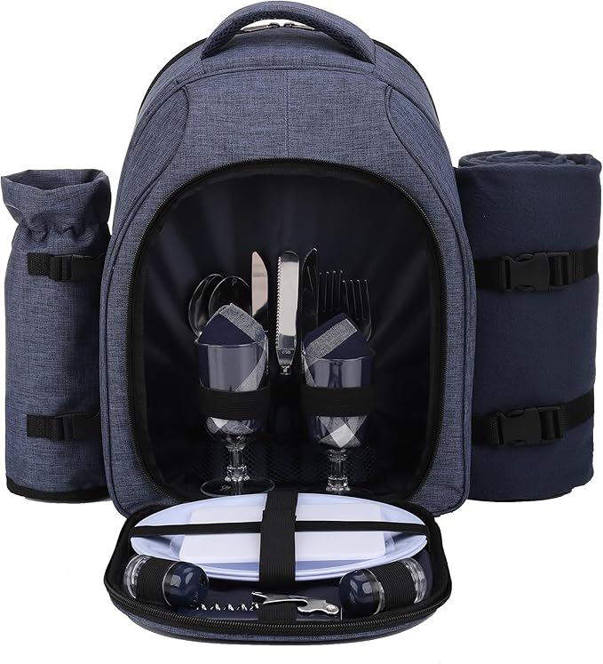 Apollo Walker Picnic Backpack Bag for 2 Person with Cooler Compartment, Detachable Bottle/Wine Holder, Fleece Blanket, Plates and Cutlery Set (2 Person, Navy)-PawvioPets
