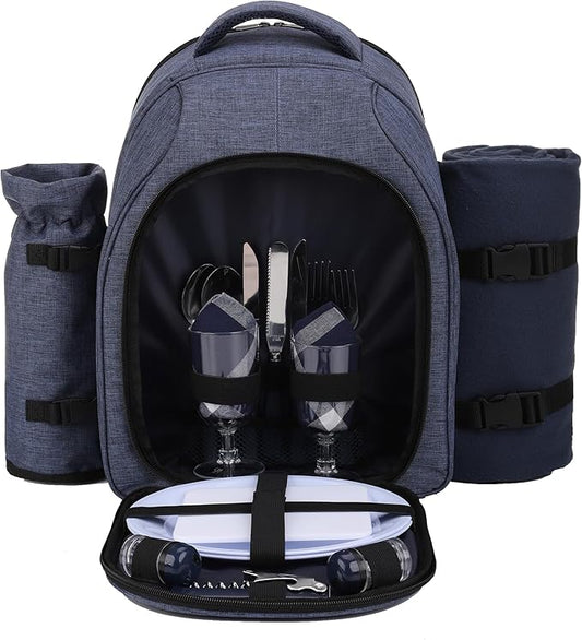 Apollo Walker Picnic Backpack Bag for 2 Person with Cooler Compartment, Detachable Bottle/Wine Holder, Fleece Blanket, Plates and Cutlery Set (2 Person, Navy)-PawvioPets