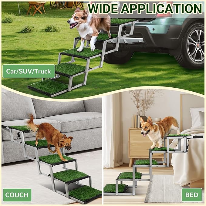 Extra Wide Dog Stairs for Car, Portable Folding Dog Steps for Large Dogs with Non-Slip Grass Rug for Cars, SUV, Trucks, Lightweight Pet Ramps Supports Up to 200 lb, 5 Steps-PawvioPets