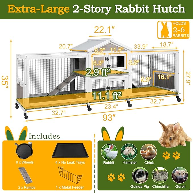 Double Rabbit Hutch Outdoor Indoor Large Bunny Cage with Dual Side Runs, 2-Story Wooden Hutch with 4 Leak Proof Trays, 8 Wheels, Waterproof Roof, Ramp, for Small to Medium Animals-PawvioPets