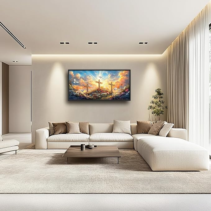 Framed Large Christian Jesus Wall Art, Oversized Floral Dove Wall Decor for Living Room, Landscape Canvas Painting Peaceful Pictures Modern Artwork for Living Room Bedroom Office 60"x30"-PawvioPets