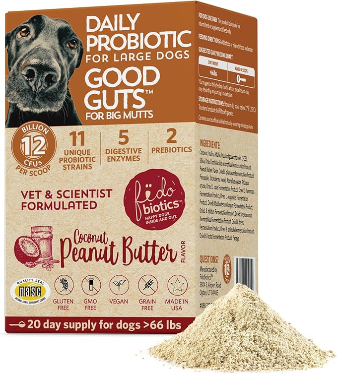 Fidobiotics Good Guts for Big Mutts Probiotic for Dogs, 12 Billion CFUs, 11 Strains, 5 Digestive Enzymes, 2 Prebiotics, Digestive Gut Health for Dogs, Adult & Puppy Probiotics Supplements (20 Days)-PawvioPets