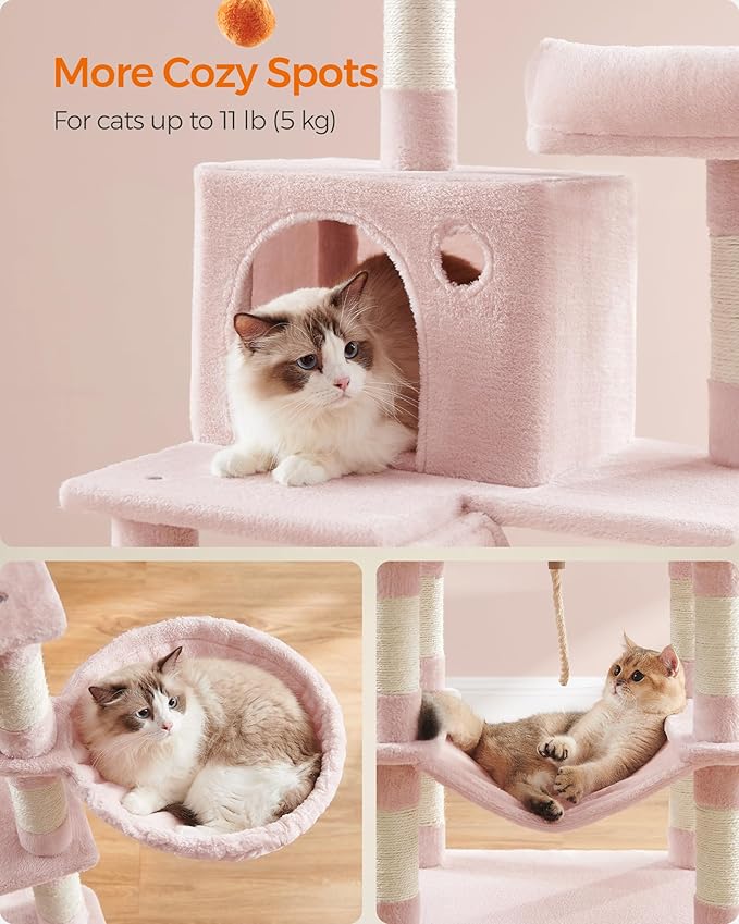 Feandrea Cat Tree, 66.1-Inch Large Cat Tower with 13 Scratching Posts, 2 Perches, 2 Caves, Basket, Hammock, Pompoms, Multi-Level Plush Cat Condo for Indoor Cats, Jelly Pink UPCT165P01-PawvioPets