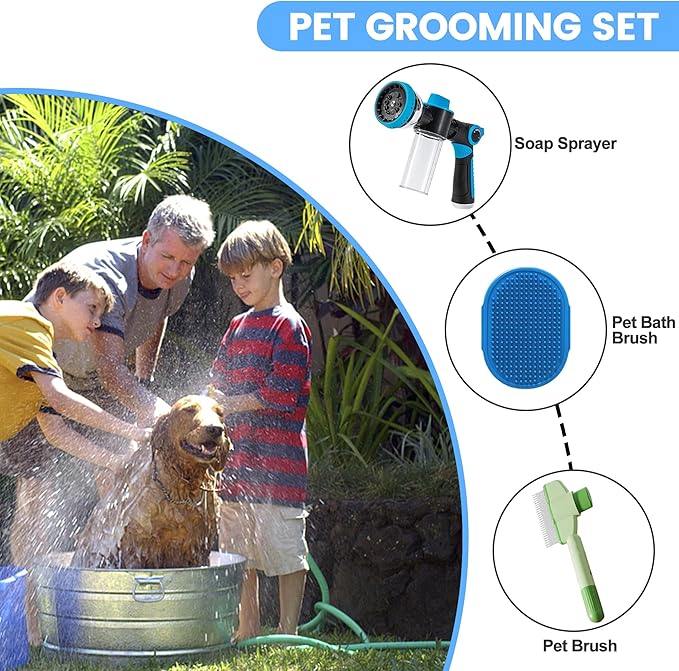 Dog Washing Hose Attachment, 10-in-1 Soap Sprayer Moden Garden Hose Nozzle with 100cc Soap Dispenser, Dog Wash Supplies with Dog Bath Brush & Pet Comb, Foam Gun Car Wash Sprayer (Blue)-PawvioPets