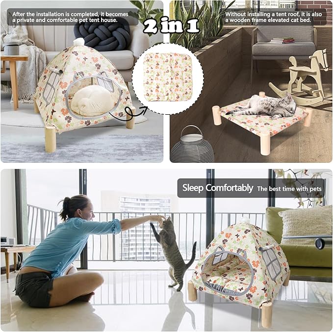 2-in-1 Elevated Cat Tent Cat House, Quick Assembly and Disassembly, Portable Indoor/Outdoor Cute Cat Bed Cave-Butterfly and Flower-PawvioPets