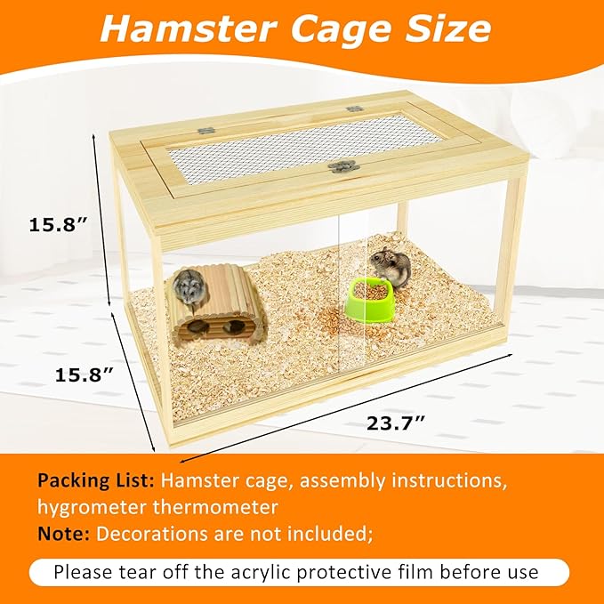 24" Hamster Cage, Lockable Sliding Door Gerbil Cage, Dwarf Hamster Cage with Metal Mesh Roof, Mice and Small Animal Habitat, Chewproof Syrian Hamster Enclosure, (Wooden, 24" L x 16" W x 16" H)-PawvioPets