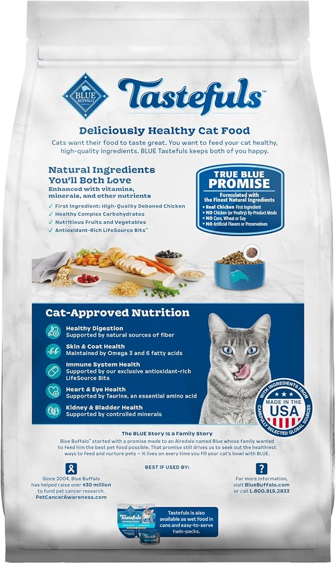 Blue Buffalo Tastefuls Adult Dry Cat Food Indoor Cat Formula, Made in the USA with Natural Ingredients, Chicken & Brown Rice Recipe, 3-lb. Bag-PawvioPets