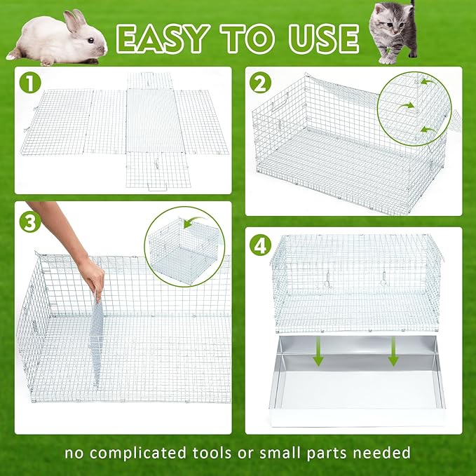 Folding Rabbit Cage, 28 x 16 x 12 in Portable Bunny Carrier with Tray and Handles for Transport, Travel or Temporary Housing, Indoor Outdoor Pet Habitat Animal Enclosure-PawvioPets