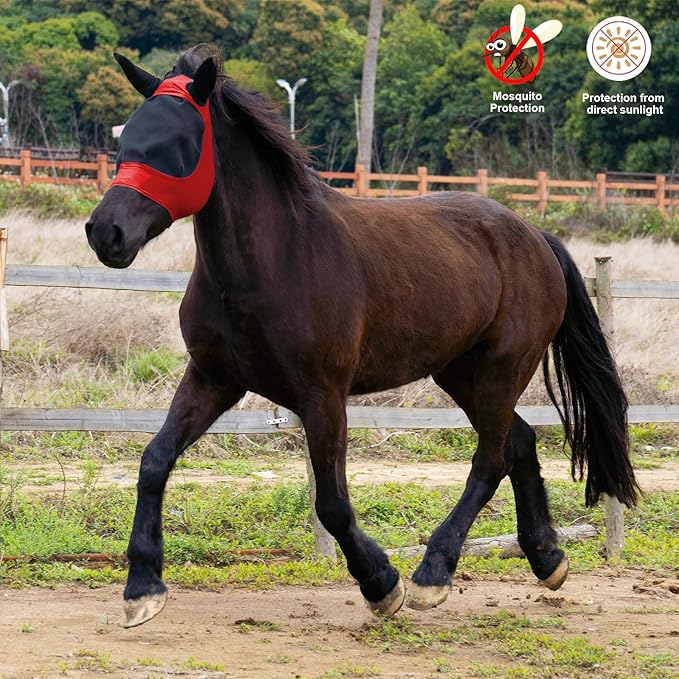 2 Piece Horse Fly Mask with Ears, Comfortable Fit Stretch Fabric Big Eye Space Soft Breathable with UV Protection for Full Horses (Red-Blue)-PawvioPets