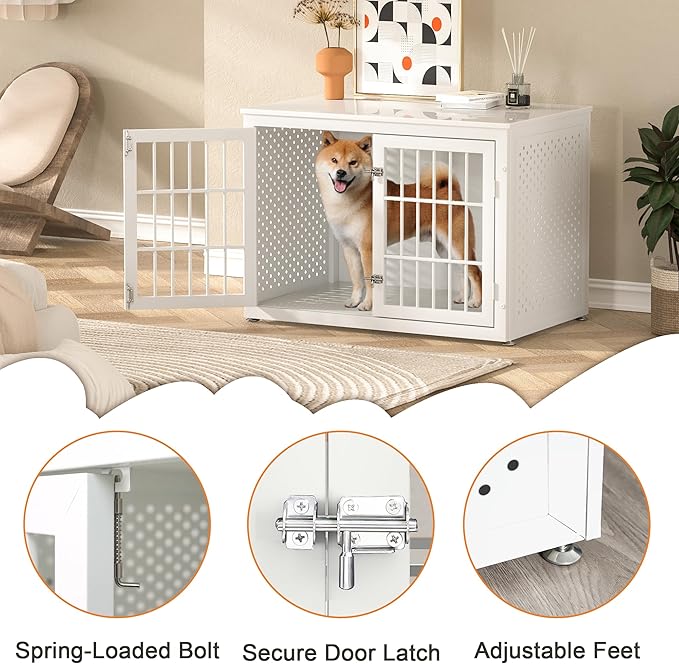 38" Heavy Duty Dog Crate Furniture for Large and Medium Dogs,Wooden Metal Kennel for High Anxiety Dogs, Chew Proof Pet Cage Indoor, Decorative Dog Kennel End Table, White-PawvioPets