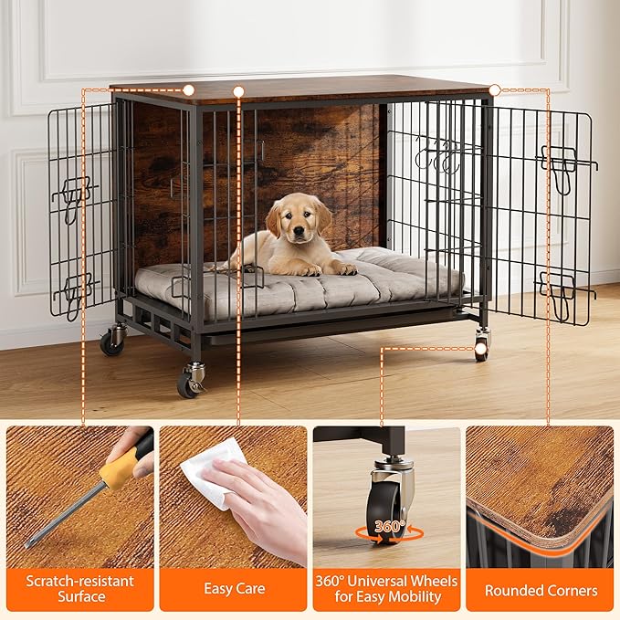 Dog Crate Furniture, 27.2" Small Dog Kennel Wooden Dog Crate with Pull-Out Tray, Double Doors, Modern End Table for Small/Medium Dogs, Grey-PawvioPets